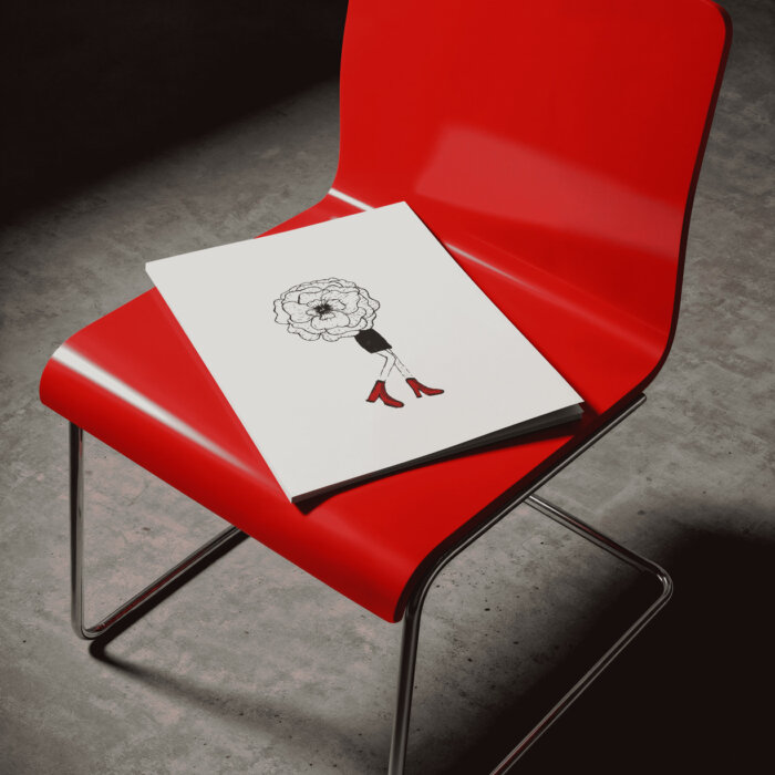 poster naise jalad punaste saabastega ja pea asemel on suur lill